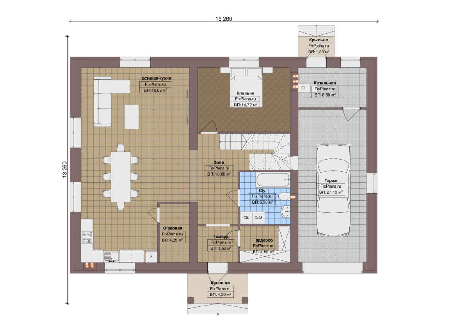 Планировка 1-го этажа, Проект дома с мансардой F-9530