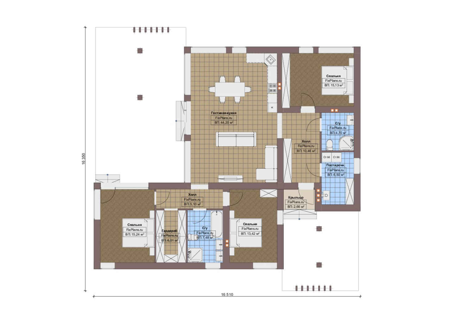 Планировка 1-го этажа, Проект одноэтажного дома F-13121
