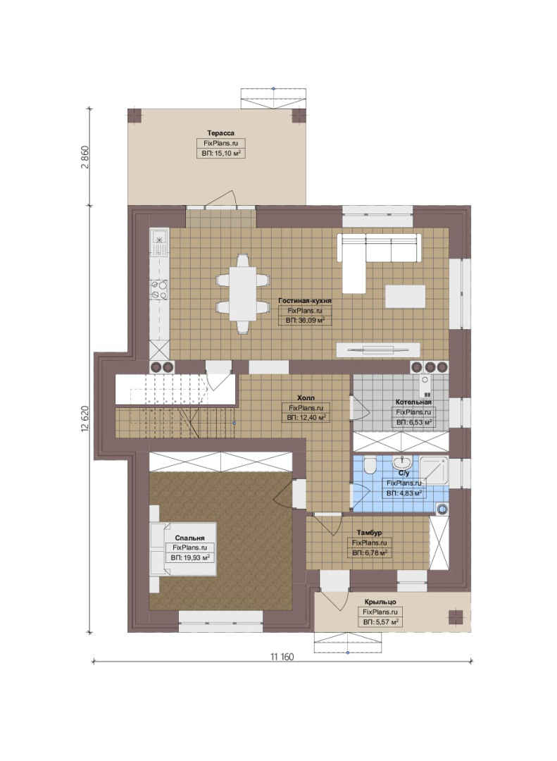 Планировка 1-го этажа, Проект двухэтажного дома F-2942