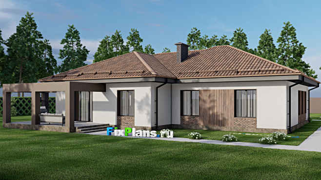 Проект одноэтажного дома F-9026 — вид со двора