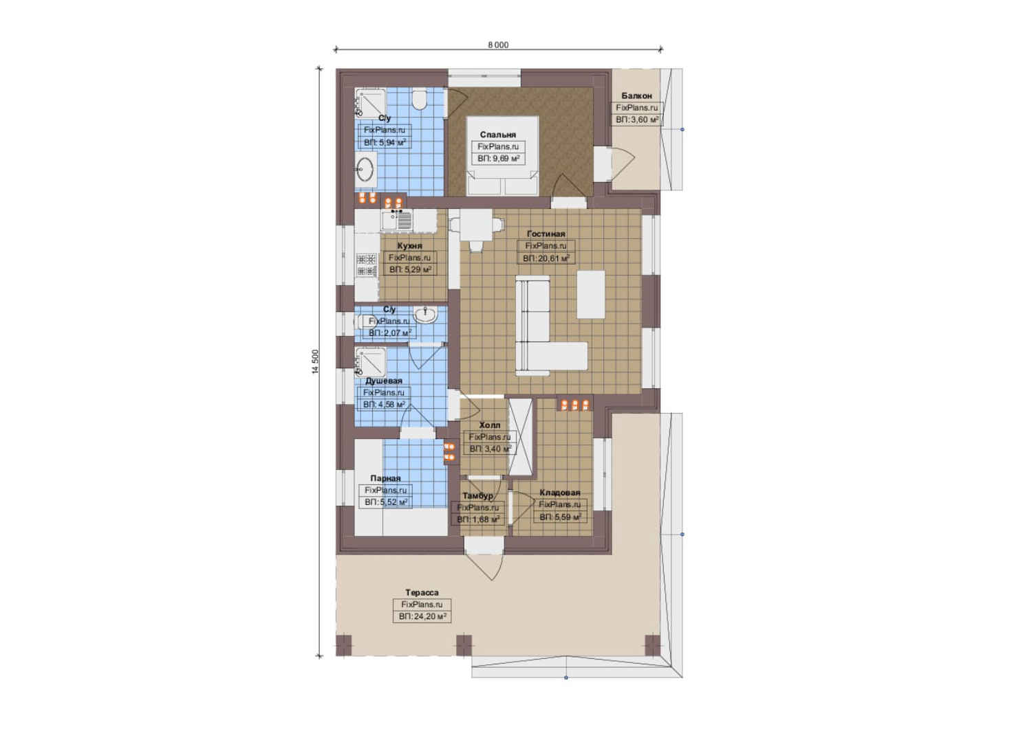 Планировка 1-го этажа, Проект одноэтажного дома F-15074